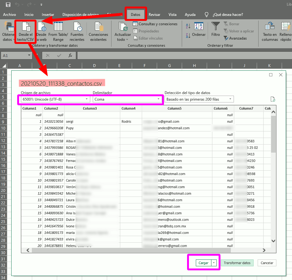 Abrir un archivo CSV con Microsoft Excel 2019 y Office365 :: Plataforma de  inscripciones en línea